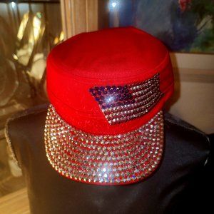 Women’s Red Patriotic Bling Hat - American Flag Design & Crystal Brim